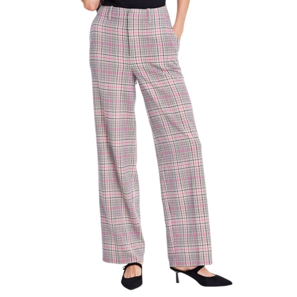 ON-34TH Womens Plaid High Rise Wide Leg Trouser Pants Tan Navy Pink Size 12